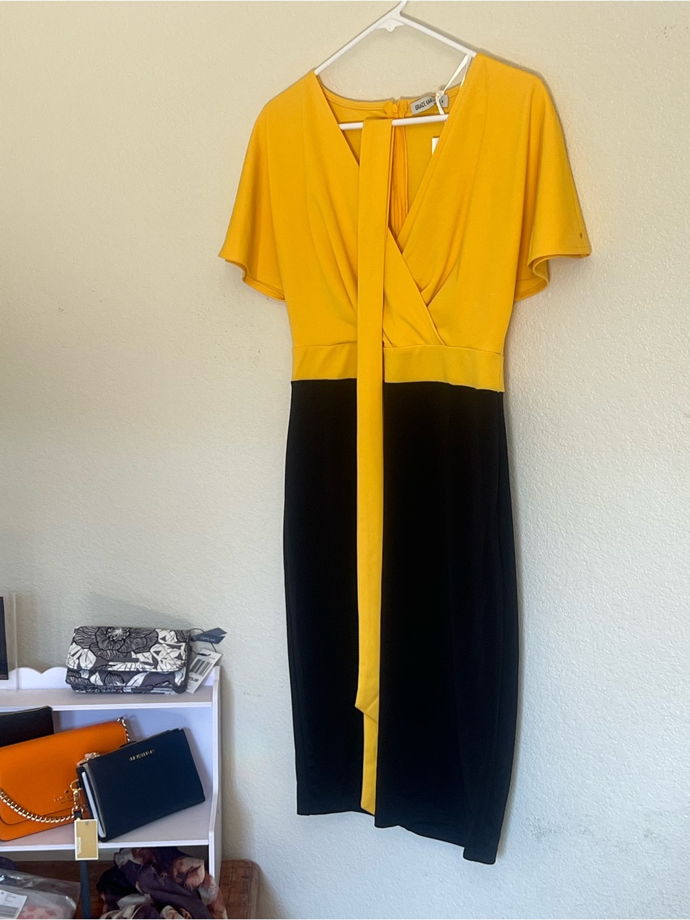 Grace Karin Yellow and Black Colorblock Midi Dress with Front Tie